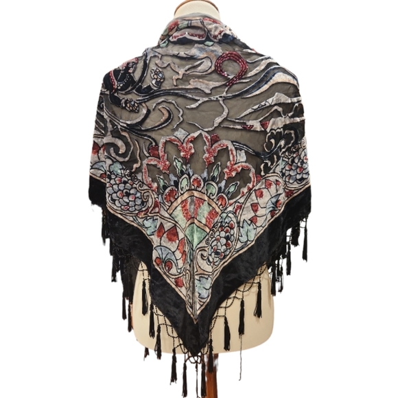 unbranded Accessories - Beaded Rayon Velvet Burnout Shawl Scarf Black Boho Witchy